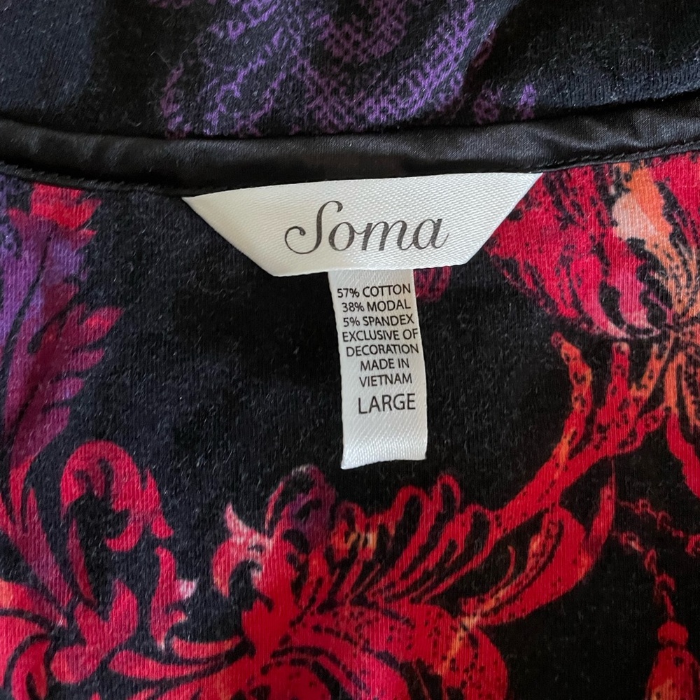 Soma Black Floral Velvet-Feel Pajama Top with Red and Purple Scroll Print - Picture 2 of 9